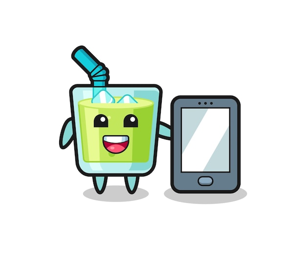Dibujos animados de ilustración de jugo de melón sosteniendo un teléfono inteligente