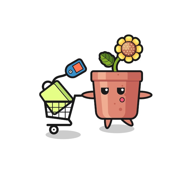 Dibujos animados de ilustración de maceta de girasol con un carrito de compras, diseño de estilo lindo para camiseta, pegatina, elemento de logotipo