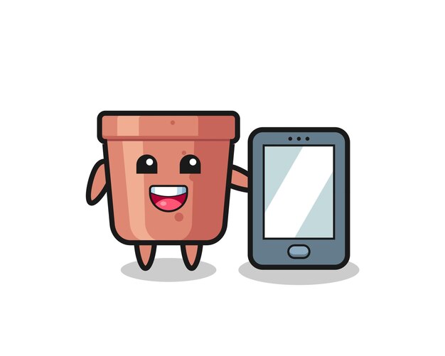 Dibujos animados de ilustración de maceta sosteniendo un teléfono inteligente