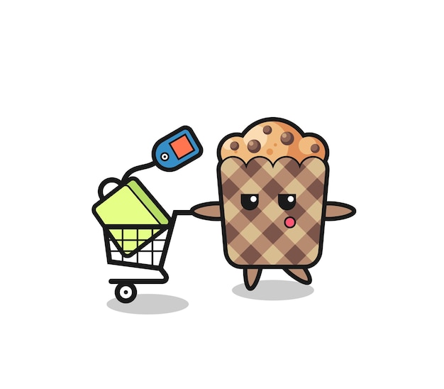 Dibujos animados de ilustración de muffin con un carrito de compras, diseño lindo
