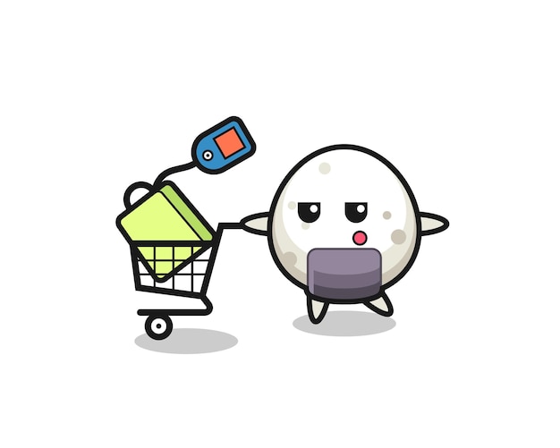 Dibujos animados de ilustración de Onigiri con un carrito de compras, diseño de estilo lindo para camiseta, pegatina, elemento de logotipo