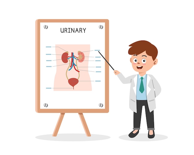 Dibujos animados de imágenes prediseñadas del sistema urinario Doctor que presenta vector de seminario médico gráfico del sistema urinario humano