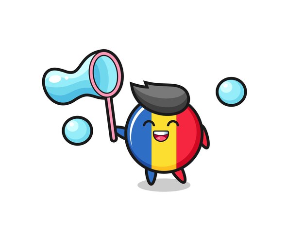Dibujos animados de insignia de bandera de rumania feliz jugando pompas de jabón, diseño de estilo lindo para camiseta, pegatina, elemento de logotipo