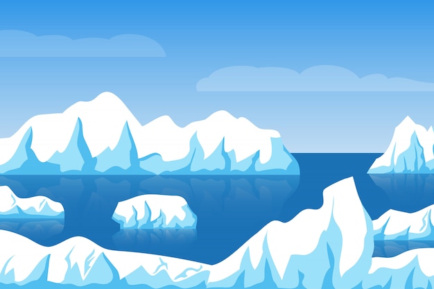 Dibujos animados de invierno polar ártico o antártico paisaje de hielo con  iceberg en el mar | Vector Premium