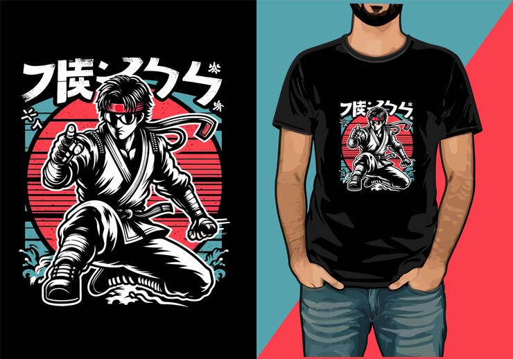 Vector dibujos animados japoneses arte marcial diseño de camiseta de acción vectorial