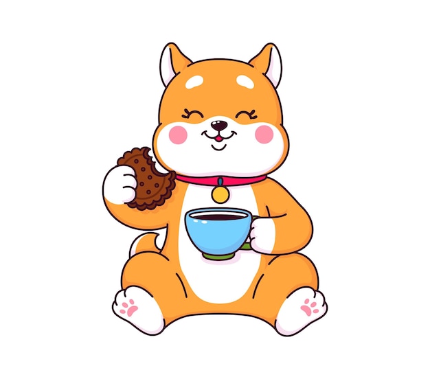 Dibujos animados japoneses shiba inu con café y rosquilla