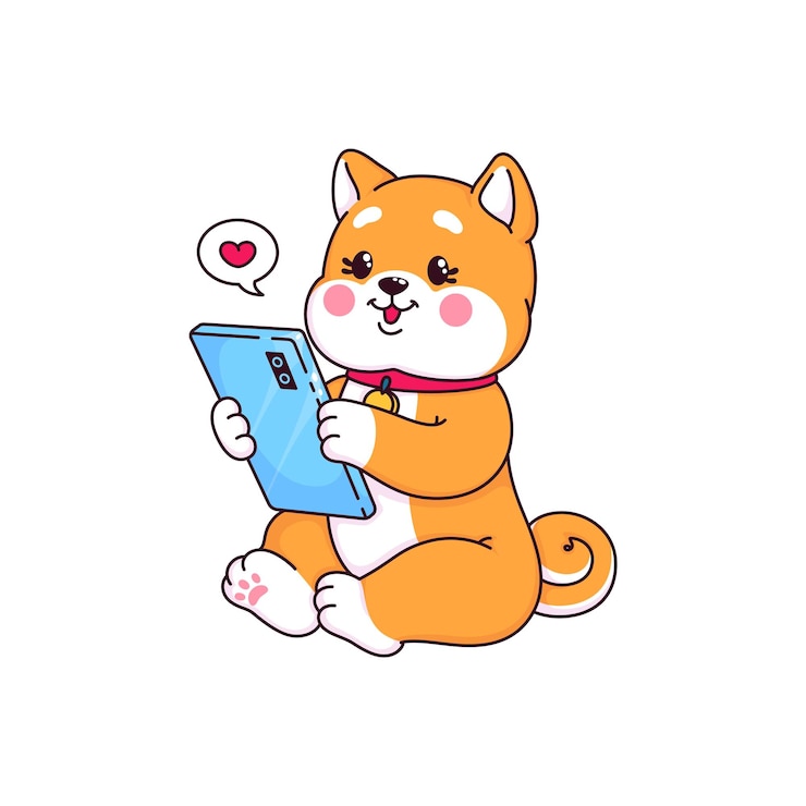 Vector dibujos animados japoneses de shiba inu feliz con teléfono inteligente