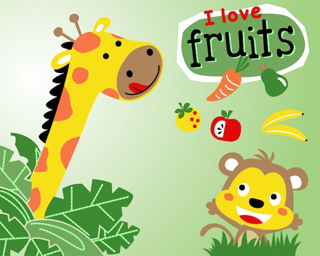 Dibujos animados de jirafa y mono con frutas