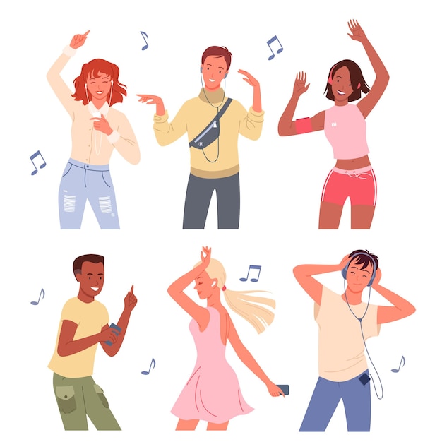 Dibujos animados joven feliz hombre y mujer grupo de personajes bailarines escuchar música