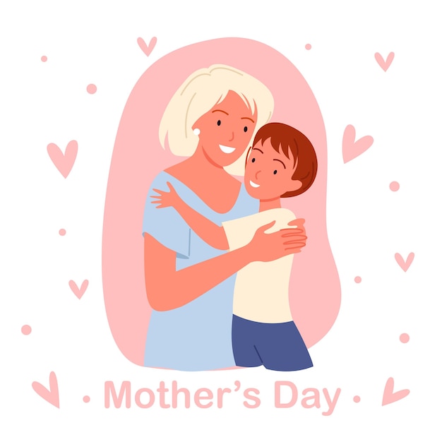 Dibujos animados joven mamá feliz con bebé en manos con amor, madre amando y abrazando a bebé, plantilla de cartel de tarjeta de felicitación rosa. concepto de día de la madre.