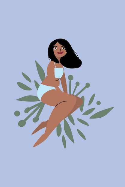 Dibujos animados joven negra en ropa interior vector ilustración dibujada a mano de mujeres felices sobre un fondo azul el concepto de salud y atención médica de las mujeres diseño femenino elementos de la planta