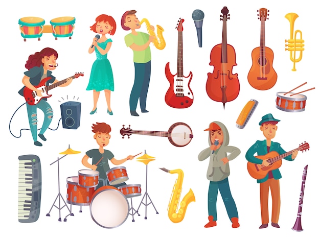 Vector dibujos animados jóvenes cantantes y mujeres con micrófonos y personajes de músicos con instrumentos musicales