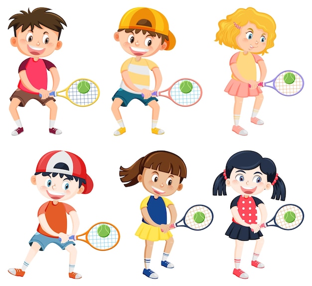 Vector dibujos animados de jugadores de tenis de niños lindos