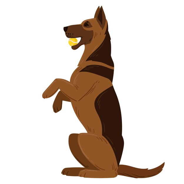 Dibujos animados jugando pastor alemán Perro de servicio lindo raza pura raza mascota doméstica Pastor alemán jugando con pelota ilustración vectorial plana