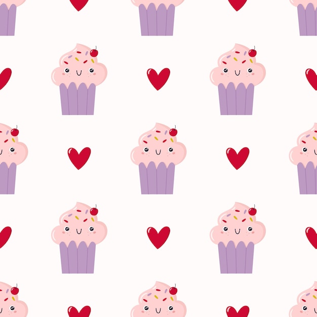 Dibujos animados kawaii cupcakes y corazones vector pastel de patrones sin fisuras fondo con lindo postre