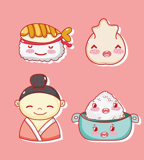 Dibujos animados kawaii lindos de la gastronomía japonesa