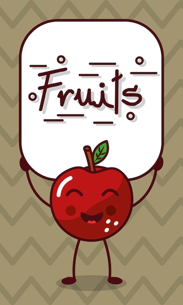 Vector dibujos animados de kawaii manzana feliz con signo de frutas