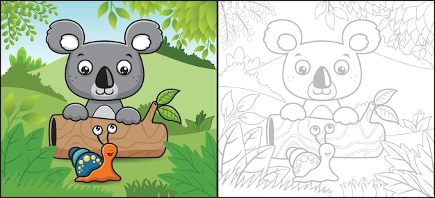 Dibujos animados de koala en tronco de árbol con caracol divertido. libro para colorear o página