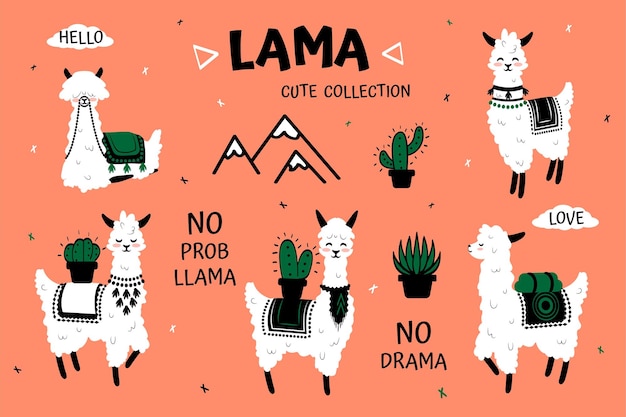 Vector dibujos animados lama linda alpaca blanca y cactus clipart para niños cumpleaños tarjetas de felicitación y accesorios colección dibujada a mano en estilo escandinavo vector divertido perú o tíbet conjunto de animales