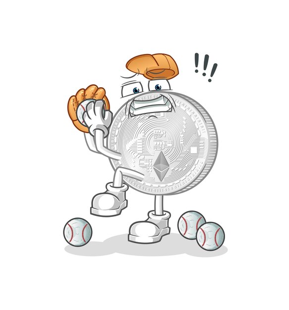 Dibujos animados de lanzador de béisbol de moneda Ethereum. vector de mascota de dibujos animados
