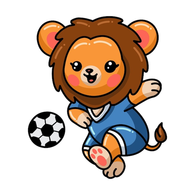 Dibujos animados de león bebé jugando al fútbol aislado en blanco