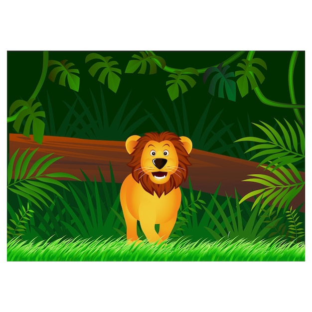 Vector dibujos animados de león en el fondo del bosque