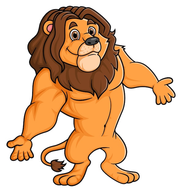 Dibujos animados de león fuerte posando personaje de mascota