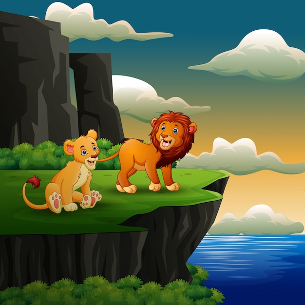 Dibujos animados de leones rugiendo en el fondo del acantilado