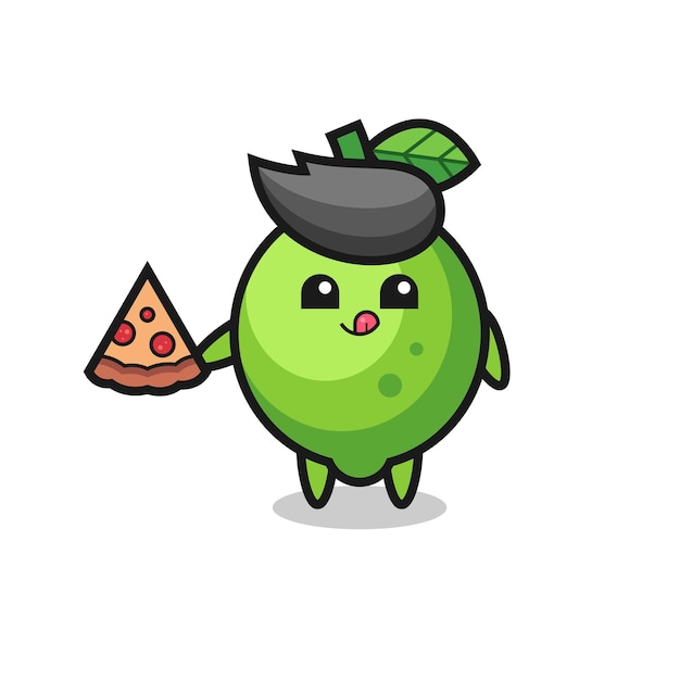 Dibujos animados de limón lindo comiendo pizza diseño de estilo lindo para el elemento del logotipo de la etiqueta engomada de la camiseta