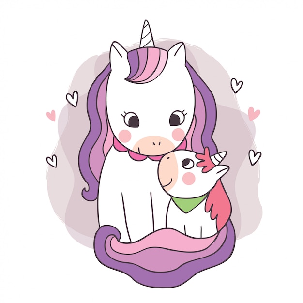 Dibujos animados lindo adorable madre y bebé unicornio besándose