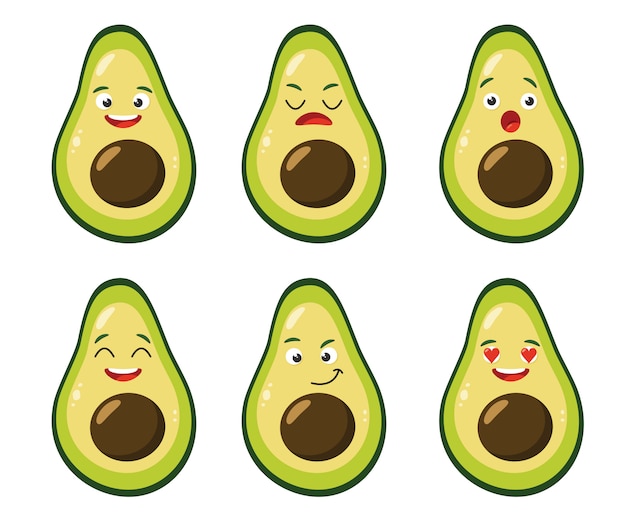 Dibujos animados lindo aguacate con emociones. Vector ilustración plana