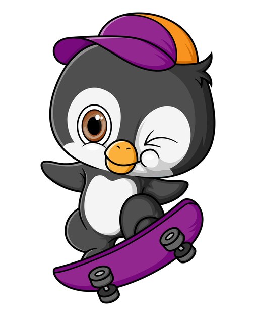 Dibujos animados lindo bebé pingüino jugando patineta