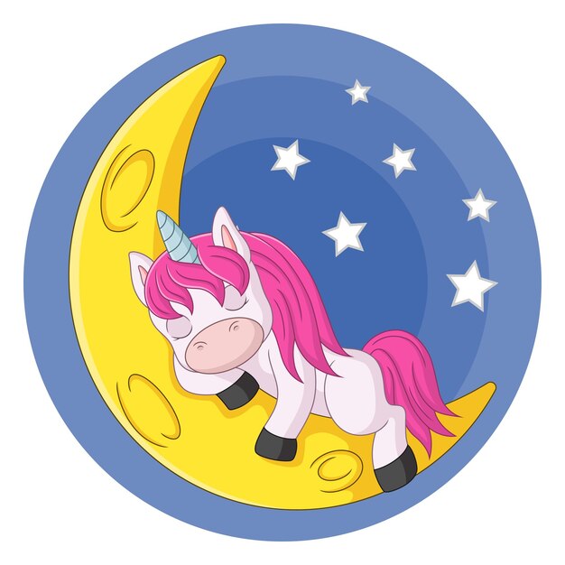 Dibujos animados lindo bebé unicornio durmiendo en la luna