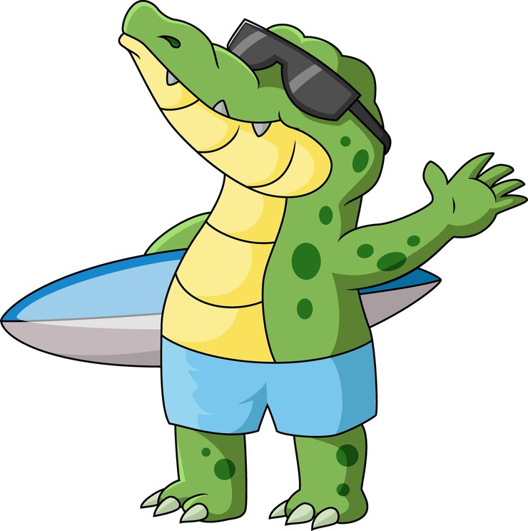 Vector dibujos animados lindo cocodrilo sosteniendo tabla de surf