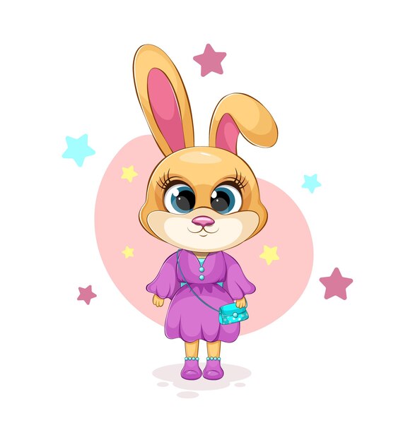 Dibujos animados y lindo conejito de moda en un vestido con bolsa genial