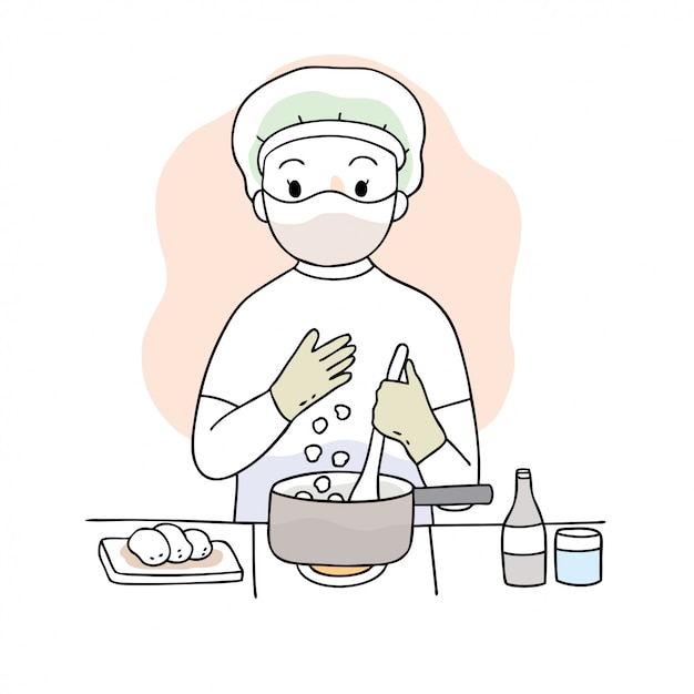 Dibujos animados lindo coronavirus, COVID-19, mujer cocinando comida