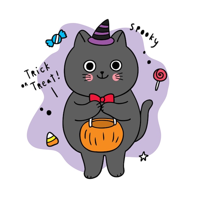 Dibujos animados lindo día de Halloween, truco o trato de gato negro