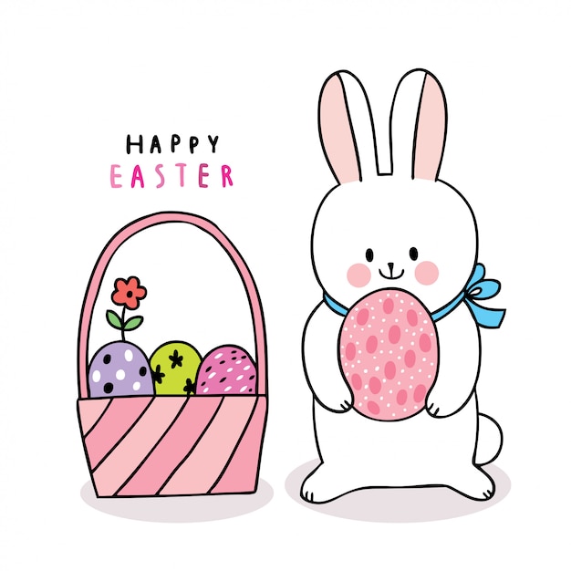 Dibujos animados lindo día de pascua conejo y coloridos huevos en la cesta  | Vector Premium