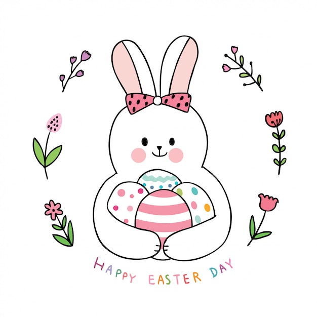 Dibujos animados lindo día de Pascua conejo y coloridos huevos y flores.