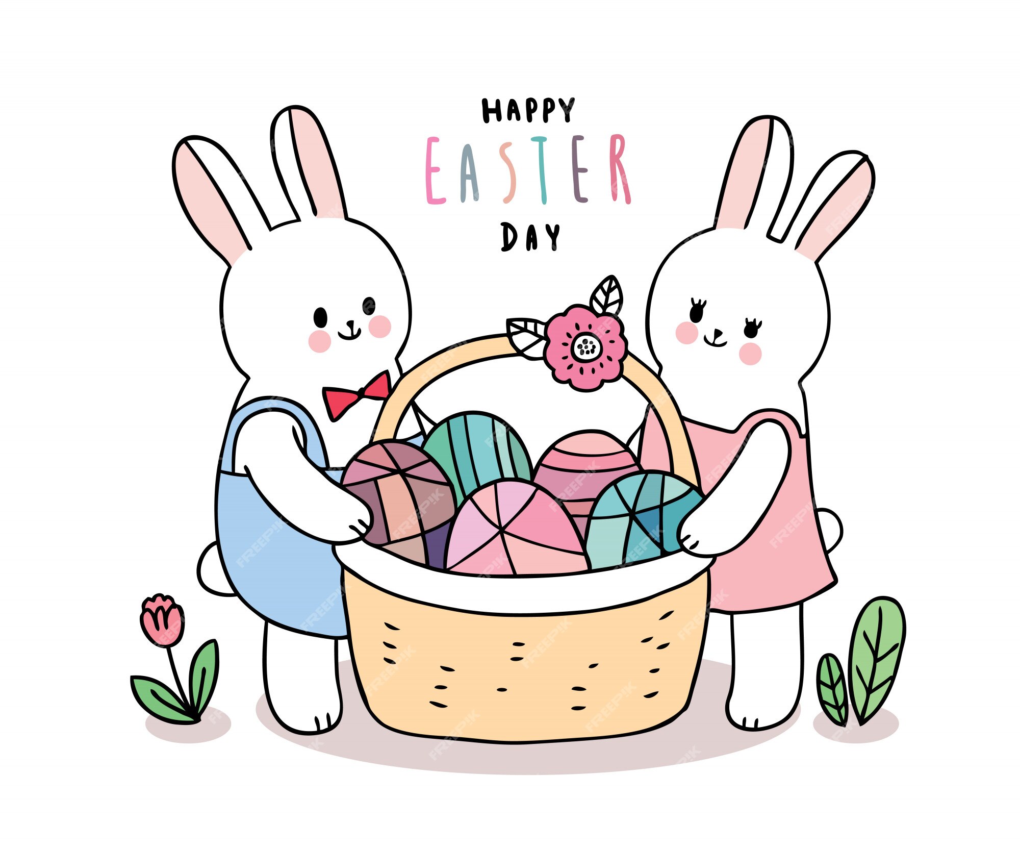 Dibujos animados lindo día de pascua conejos y coloridos huevos en la  cesta. | Vector Premium