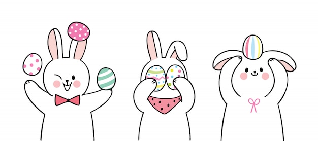 Dibujos animados lindo día de pascua conejos y coloridos huevos conjunto.