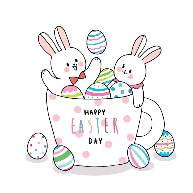 Dibujos animados lindo día de pascua conejos y coloridos huevos en una taza de café.