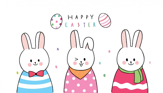 Dibujos animados lindo día de Pascua conejos y huevos coloridos