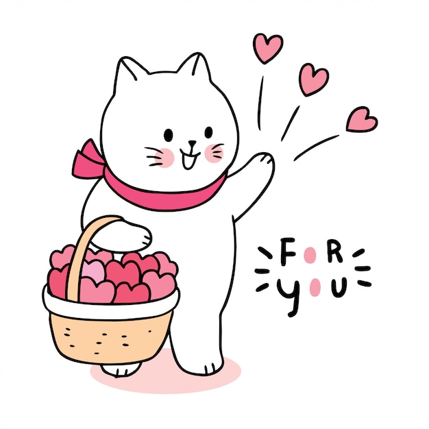 Dibujos animados lindo día de san valentín gato y corazones en el vector de la cesta.