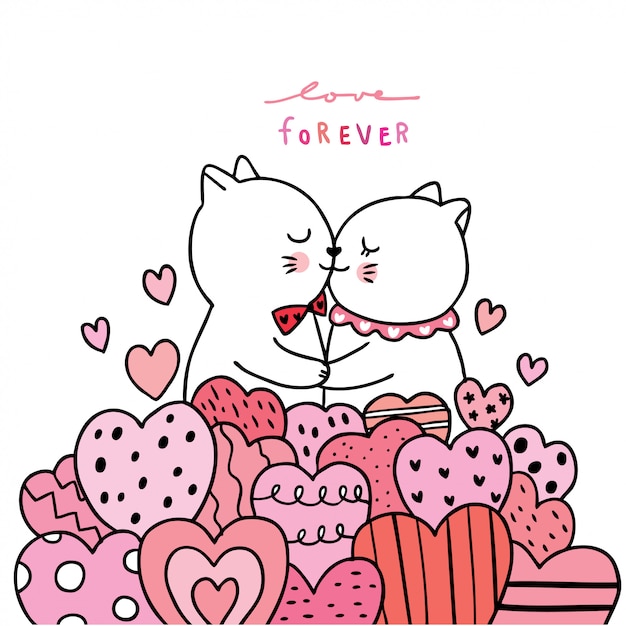 Vector dibujos animados lindo día de san valentín gatos blancos amante besos.