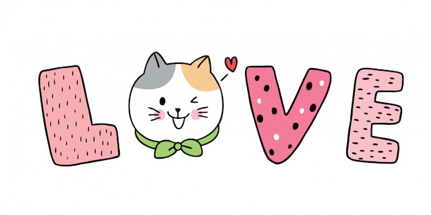 Dibujos animados lindo día de San Valentín gatos blancos texto amor vector.