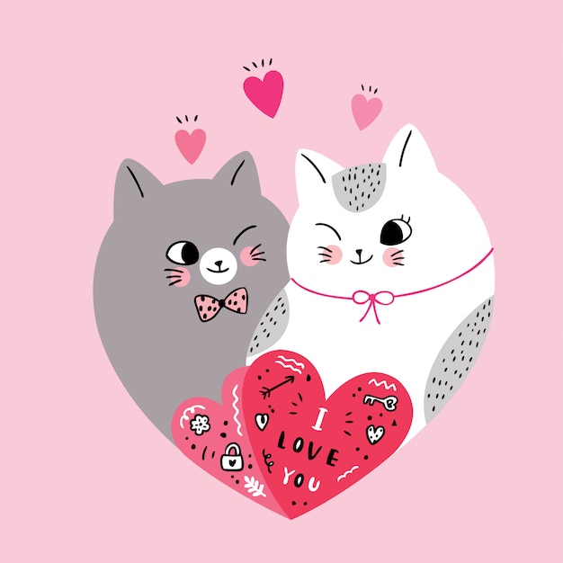 Dibujos animados lindo día de san valentín pareja gatos en forma corazón vector.