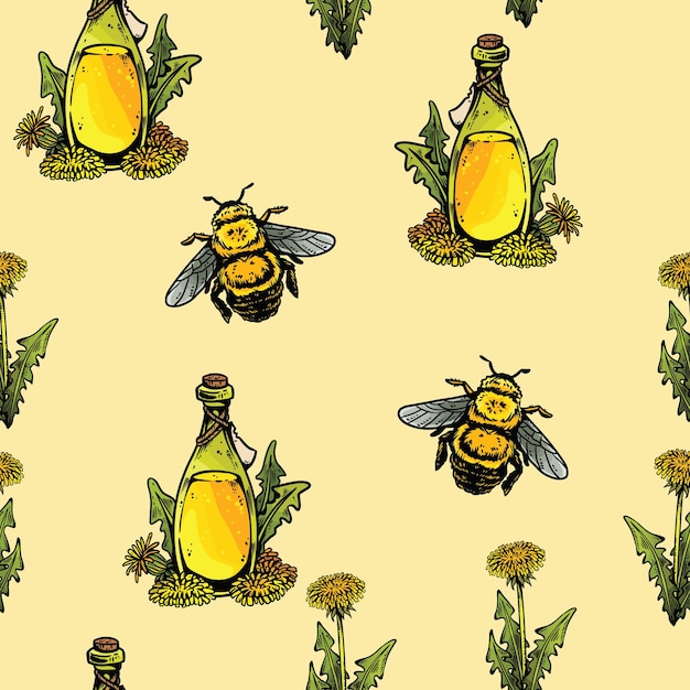 Dibujos animados lindo diente de león flores abejas y botellas de vino garabatos patrón de borde sin costuras Azulejo de textura de fondo repetible de vector de verano Plantilla acogedora de impresión de stock para envolver papel tapiz de diseño