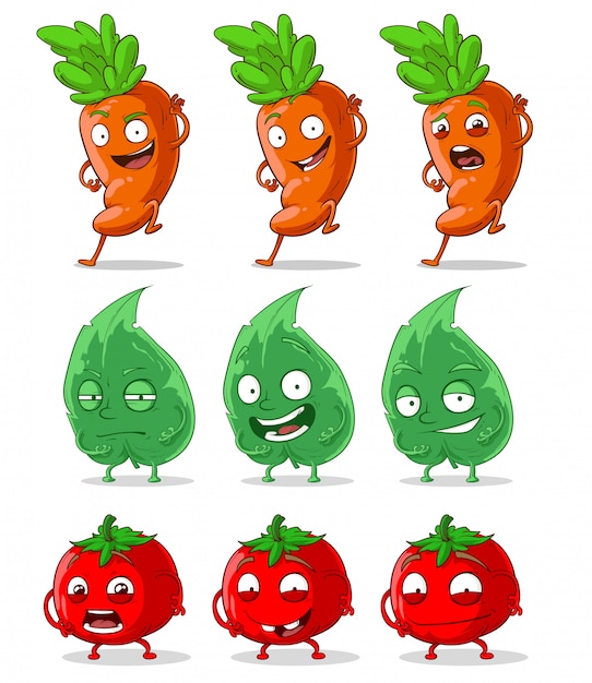 Dibujos animados lindo divertido zanahorias tomates y hoja verde