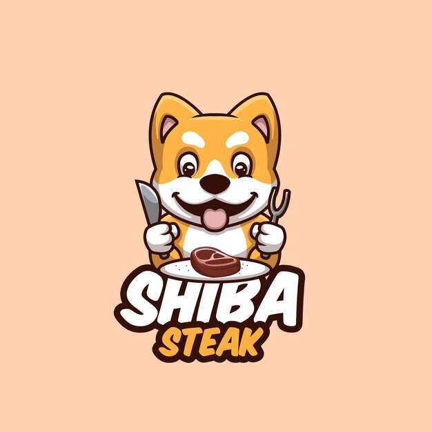 Dibujos animados lindo Doge Shiba Inu Steak Food Logotipo de dibujos animados